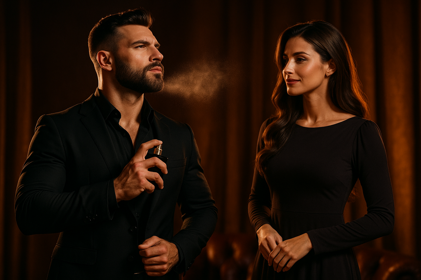 a bold , confidence , strong men spraying perfume black bottle and a beautiful women with full sleeves maxi dress see him