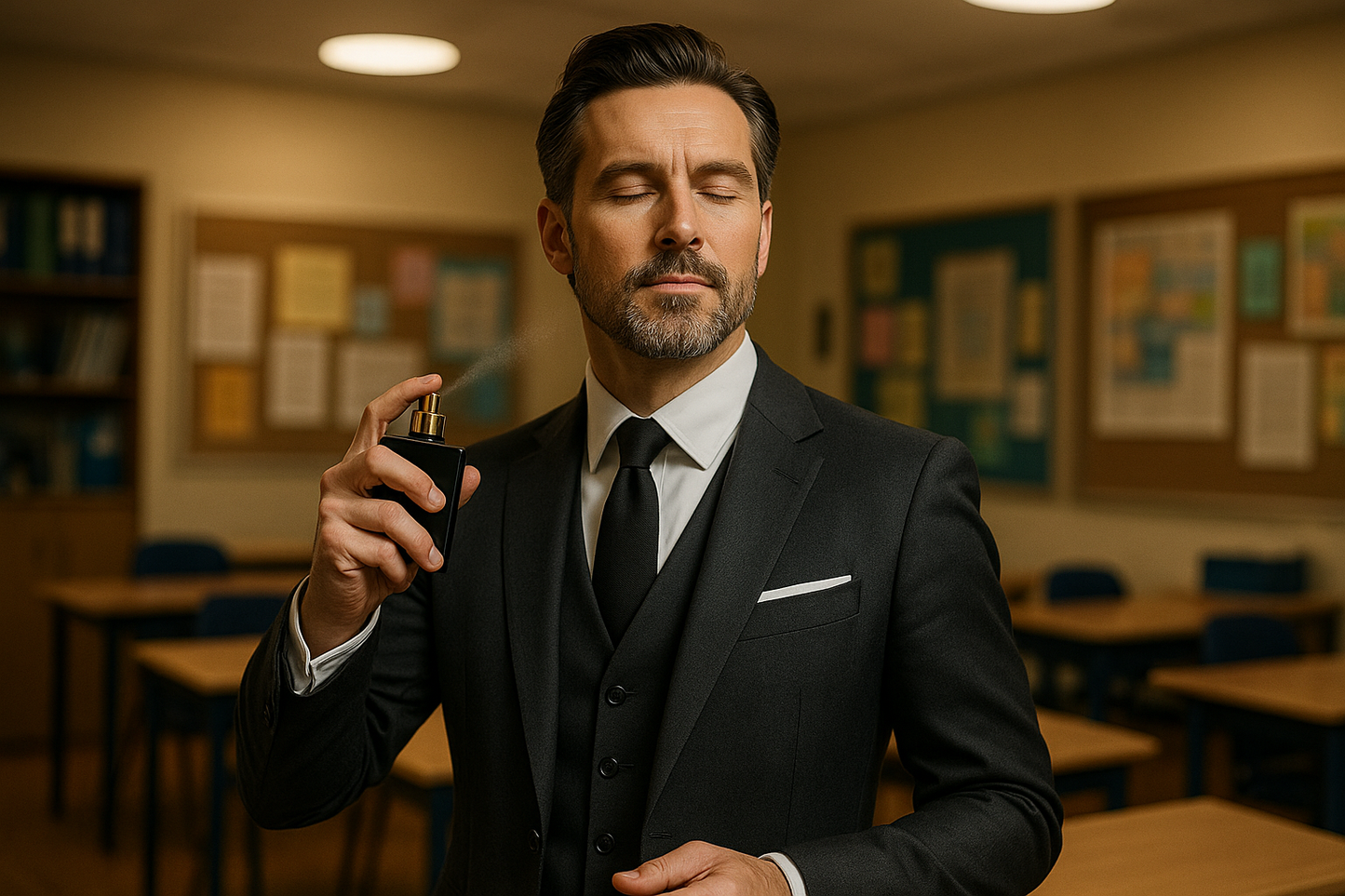 a bold elegance male teacher spray perfume black bottle in staff room