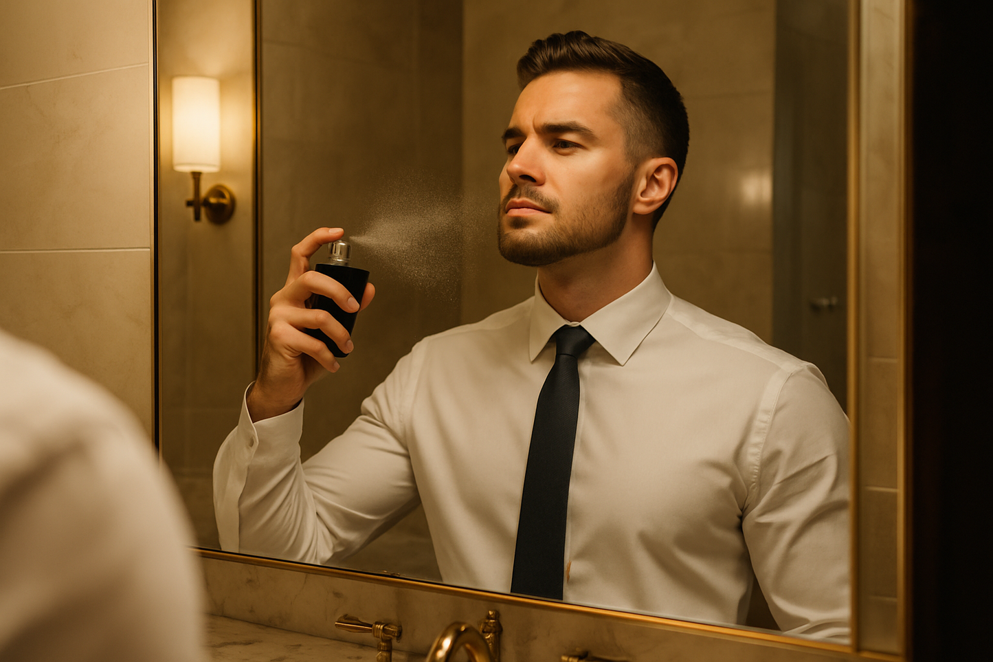 a confident man who dares to dive deep into life. is ready for going office and spraying perfume on his neck