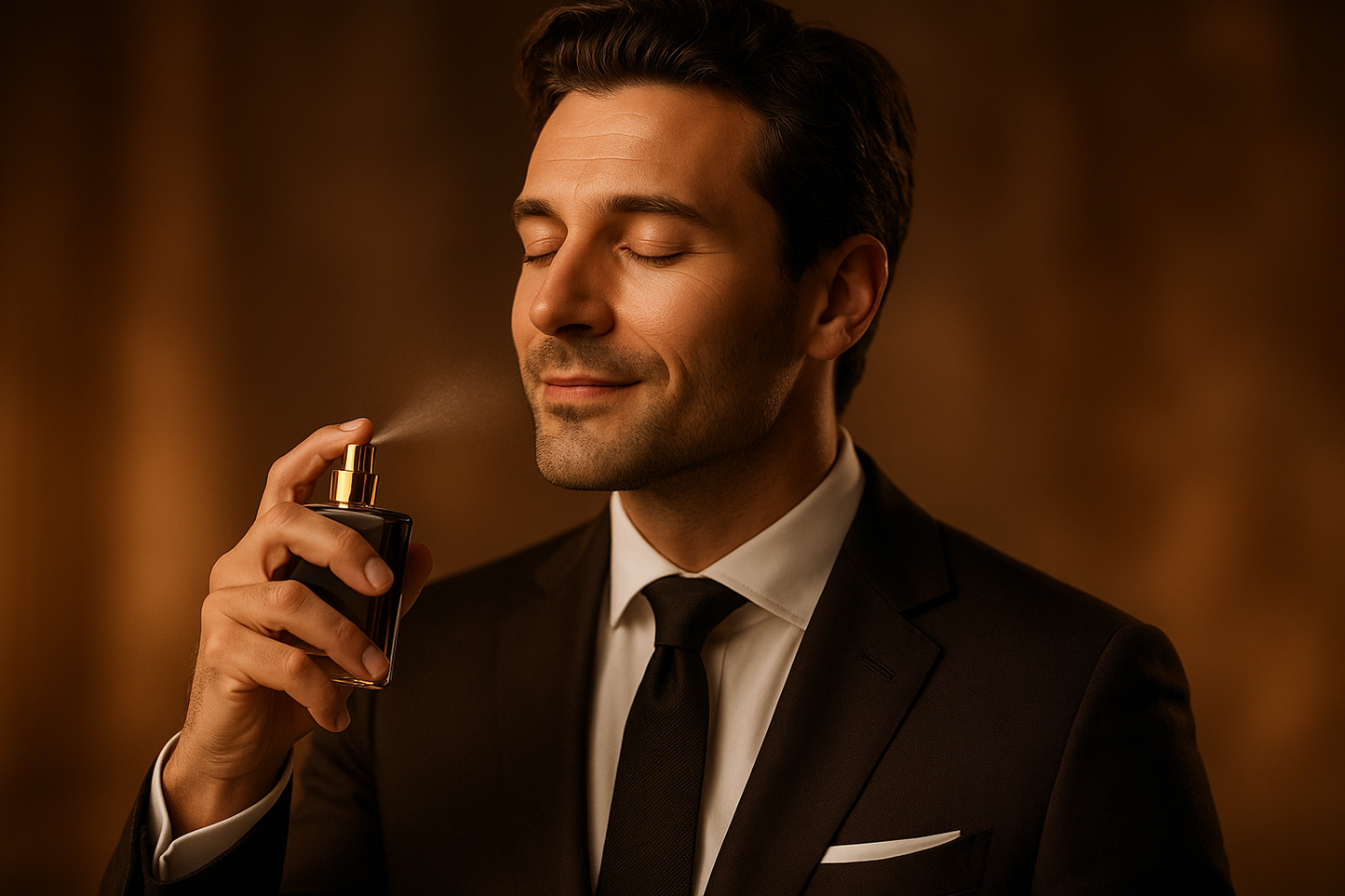 a men hold perfume bottle and spray and enjoy its fragnance
