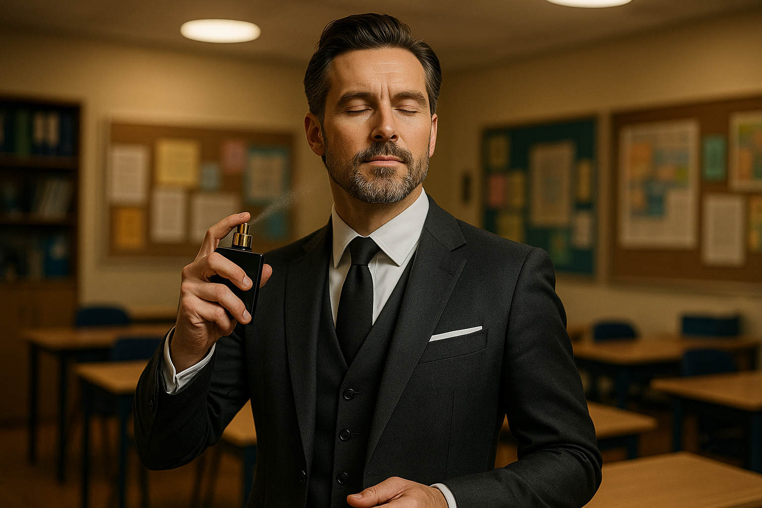 a bold elegance male teacher spray perfume black bottle in staff room
